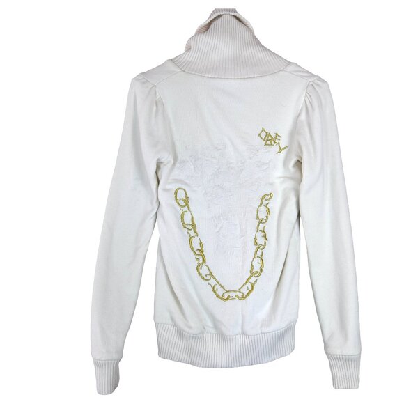 Obey White Zip Up Jacket Women’s Small Chain Embroidery High Collar Streetwear - Picture 1 of 9